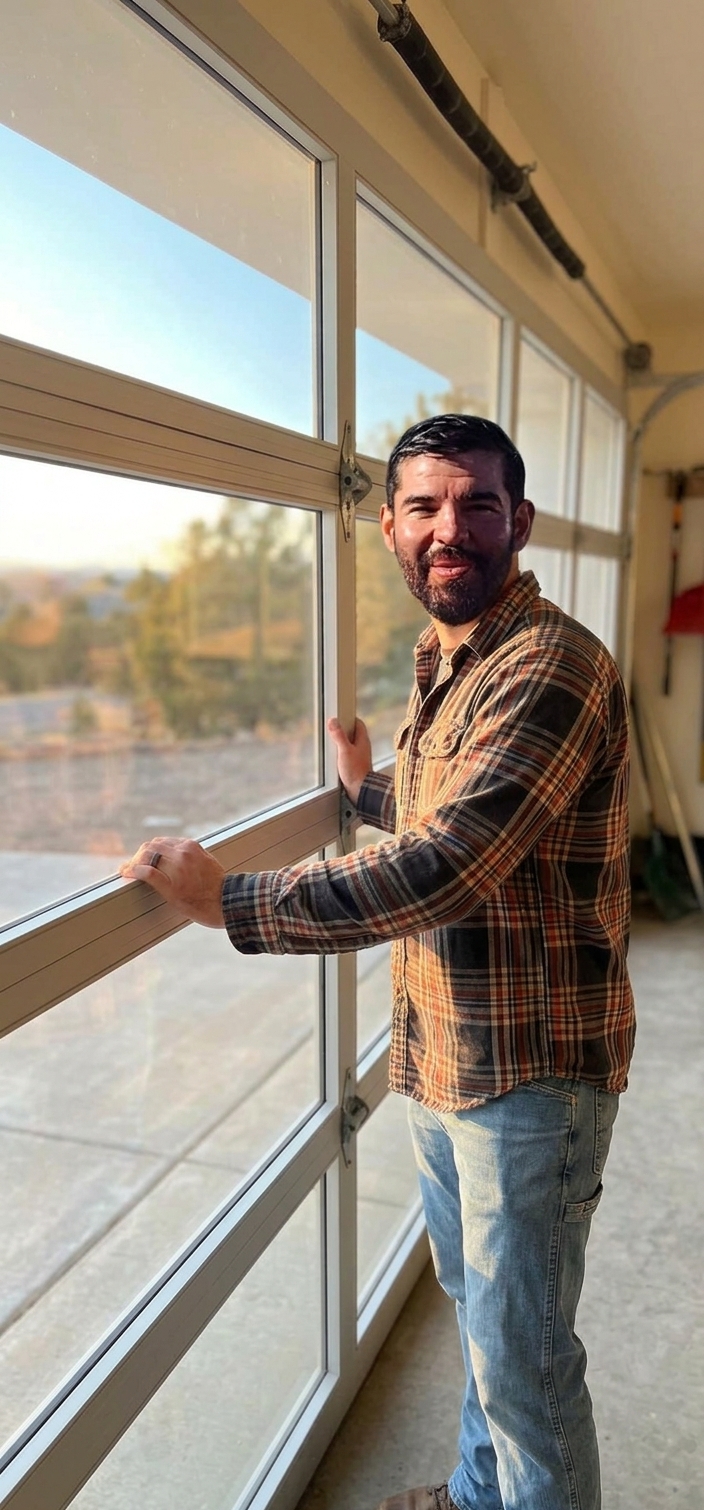 David Rodriguez, owner of Legendary Doors and More, installing a full-view glass garage door in Santa Fe, NM